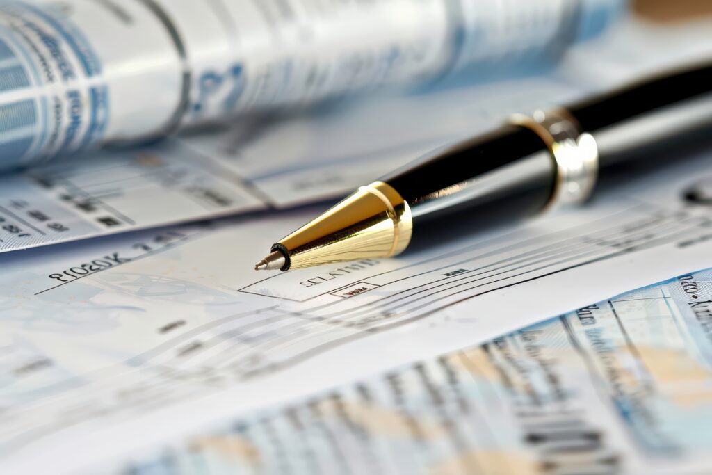Close-up of a pen resting on an important document.
